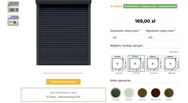 Roleta zewnętrzna antracytowa, cena za m2. Wybierz wymiary i kolor pancerza rolety elewacyjnej.