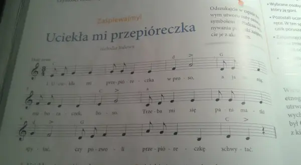 Fragment nut z piosenką "Uciekła mi przepióreczka" z literami i cyframi.