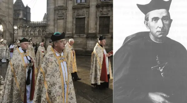 Duchowni w strojach liturgicznych i portret biskupa w birecie.