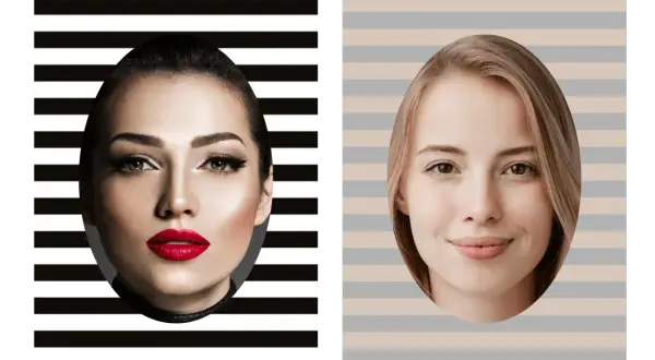 Due volti femminili. A sinistra, una donna con occhi marroni e un audace colore rossetto rosso. A destra, una donna con capelli biondi e occhi marroni.