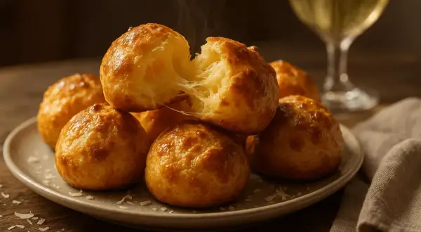 Gougeres au fromage chauds et filants, prêts à être dégustés avec un verre de vin blanc.