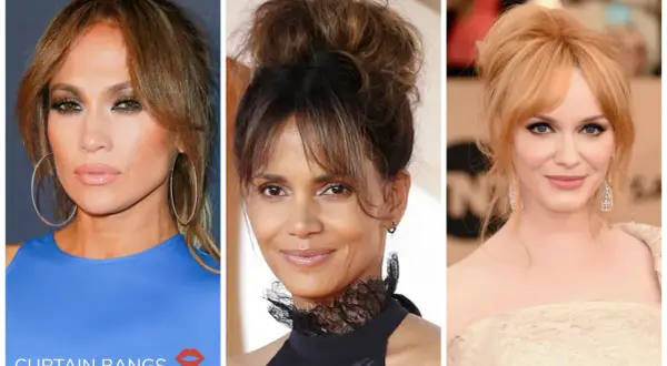 Tre kändisar med olika frisyrer. Jennifer Lopez med gardinlugg och lockigt hår, Halle Berry med en hög tofs och lugg, samt Christina Hendricks med en mjuk lugg.