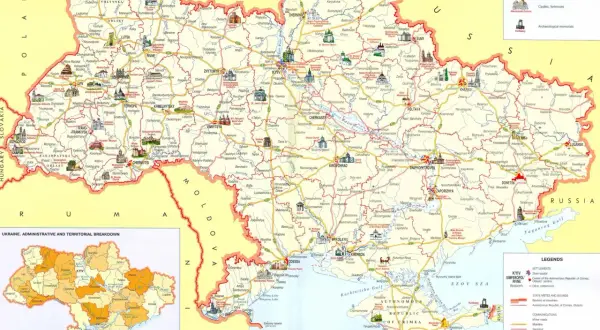 Mapa administracyjna Ukrainy pokazuje jej położenie między Polską, Słowacją, Węgrami, Rumunią, Mołdawią, Rosją i Białorusią.