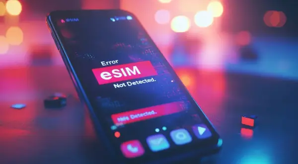 Un smartphone affiche un message d'erreur "eSIM Not Detected". La carte e-SIM semble avoir un problème.
