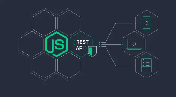 Illustration d'un logo Node.js et d'une API REST sécurisée, connectée à des appareils comme un téléphone, un ordinateur portable et un serveur. Idéal pour un tuto Node.js.
