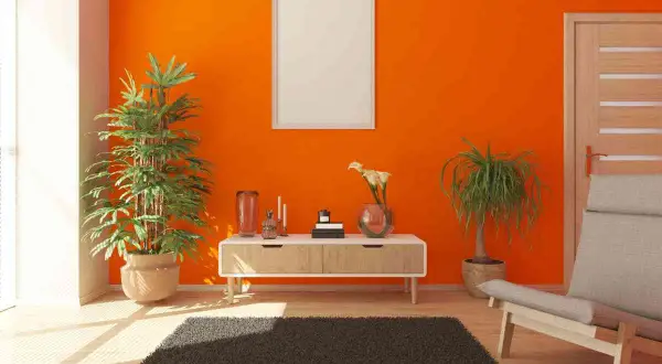 Un soggiorno moderno con pareti arancioni vivaci, un tavolino di legno chiaro, piante verdi e una poltrona beige. Ottimi colori da abbinare all'arancione pareti per un ambiente energico.