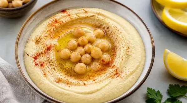 Houmous sans tahini crémeux, garni de pois chiches, d'huile d'olive et de paprika. Servi avec des quartiers de citron.