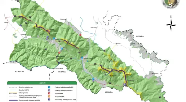 Mapa Bieszczadów z zaznaczonymi szlakami zimowymi, schroniskami i parkingami. Bieszczady gdzie leżą, widać na mapie, granicząc ze Słowacją i Ukrainą.