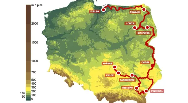 Mapa Polski z zaznaczonymi trasami rowerowymi, w tym szlakami prowadzącymi przez Białystok. Widoczne są różne wysokości nad poziomem morza.