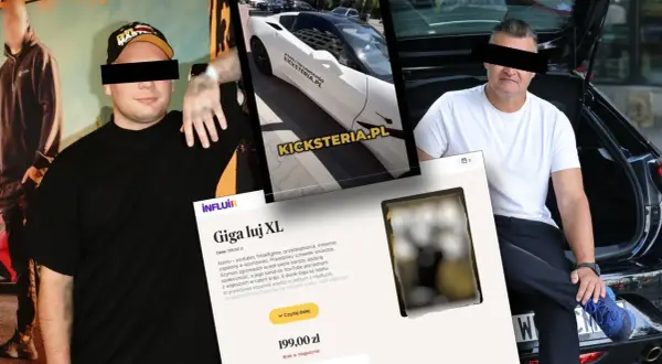 Koło fortuny jaki samochód? Na ekranie biały sportowy samochód z napisem Kicksteria.pl. Obok dwaj mężczyźni.