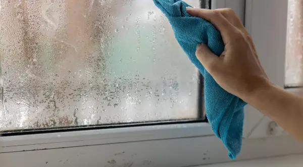 Dłoń z niebieską ściereczką wyciera zaparowane okno, walcząc z wilgocią w domu.