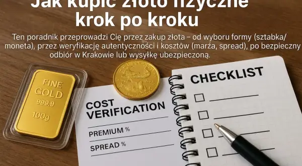 Jak kupić złoto fizyczne: poradnik krok po kroku. Na zdjęciu sztabka złota, moneta, notatnik z checklistą i długopisem, dokument "Cost Verification".