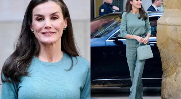 Królowa Letizia w stylizacji w odcieniach turkusowego koloru z czym łączyć? Elegancki zestaw z zieloną kratą i torebką.