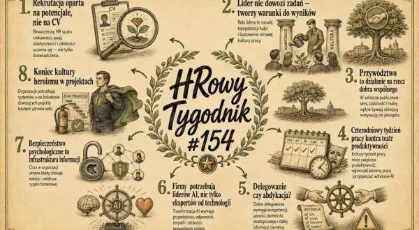 HRowy Tygodnik #154: Rekrutacja na potencjał, lider tworzy warunki, przywództwo dla dobra wspólnego, 4-dniowy tydzień pracy, delegowanie, liderzy AI, bezpieczeństwo informacji, koniec heroizmu. sobel każdego dnia tekst.