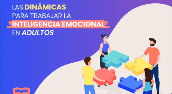 Adultos trabajando juntos en dinámicas para mejorar la inteligencia emocional, uniendo piezas de rompecabezas de colores.