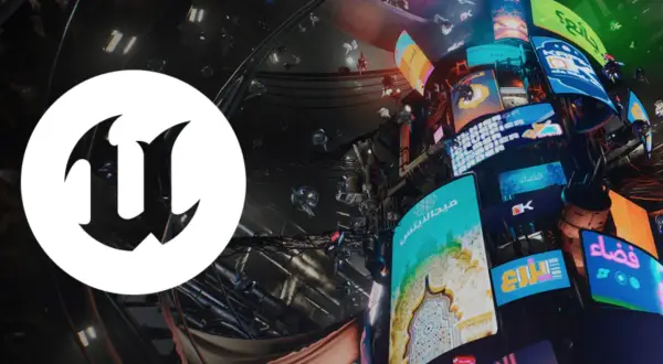 Logo Unreal Engine 6 na tle futurystycznego miasta z neonowymi reklamami i latającymi dronami.