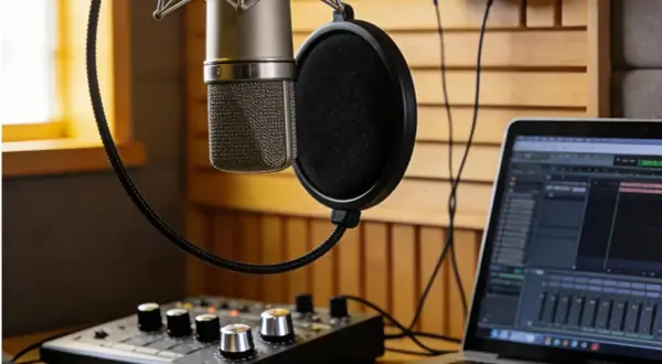 Microfono, mixer e laptop con software di editing audio: tutto l'occorrente per capire come fare un podcast di successo.