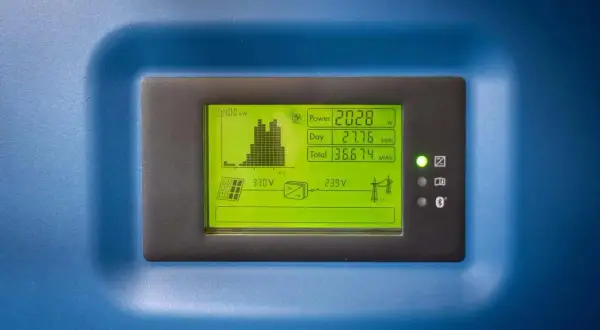 Wyświetlacz falownika pokazuje moc 2028W, dzienną produkcję 27.76 kWh i całkowitą 36.674 MWh. Widać wykres produkcji i symbole paneli słonecznych.
