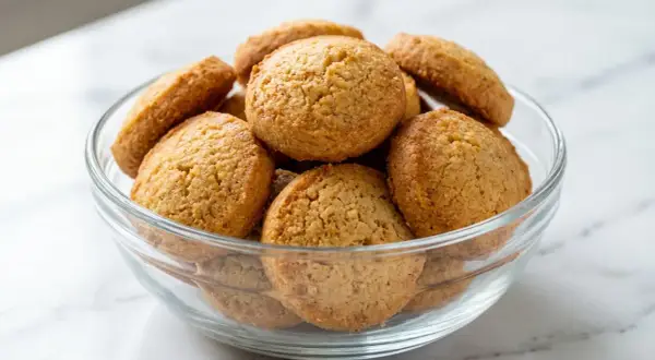 Un bol en verre rempli de petits biscuits dorés, parfaits pour une recette facile.