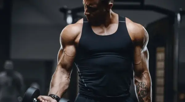 Ein Mann mit beeindruckenden **Armmuskeln** hebt eine Hantel im Fitnessstudio. Seine Bizeps und Unterarme sind stark definiert.