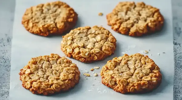 Fem gyllene glutenfria havrekakor ligger på bakplåtspapper. Perfekta för alla fika-stunder.