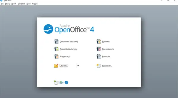 Ekran startowy Apache OpenOffice 4, darmowego pakietu biurowego. Wybierz Dokument tekstowy, Arkusz kalkulacyjny, Prezentację lub inne moduły.