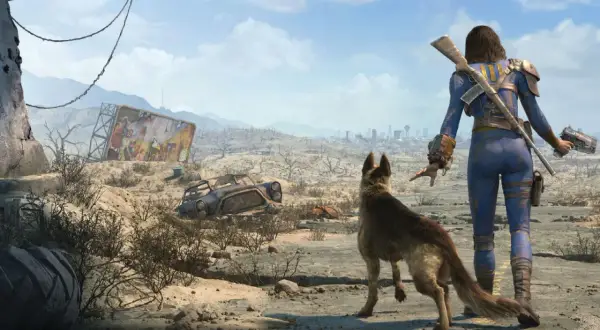 Eine Frau im blauen Schutzanzug und ihr Hund blicken auf eine zerstörte Stadt. Ein Testbild für Fallout 4.