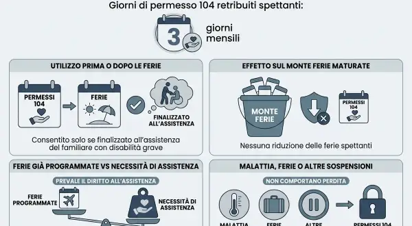 Infografica sulle regole dei permessi 104 e ferie. Spiega la differenza tra legge 102 e 104, i giorni spettanti e come si integrano con le ferie.
