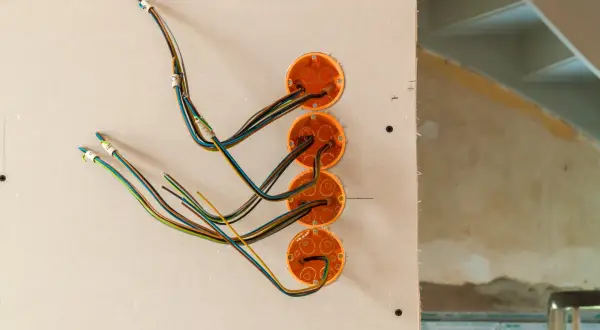 Instalacja elektryczna w domku drewnianym w trakcie prac. Widoczne puszki instalacyjne i przewody.
