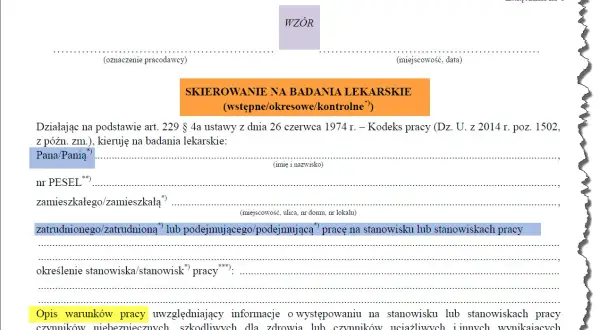 Skierowanie na badania lekarskie wstępne/okresowe/kontrolne. Dokument zawiera dane pracownika i opis warunków pracy, niezbędne do przeprowadzenia badań okresowych pracowników.