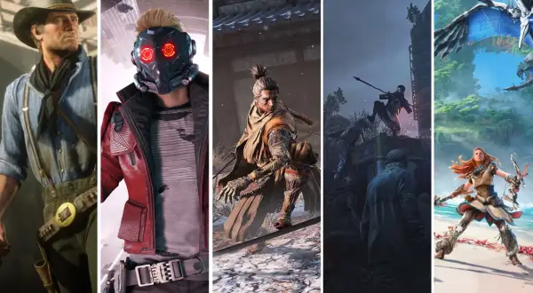 Kolaż postaci z gier akcji: kowboj, Star-Lord, samuraj, wojownik i łuczniczka.