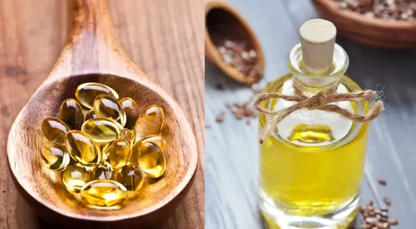 Łyżka z kapsułkami i buteleczka oleju lnianego. Czy tran jest zdrowy? Tak, to cenne źródło kwasów omega-3.