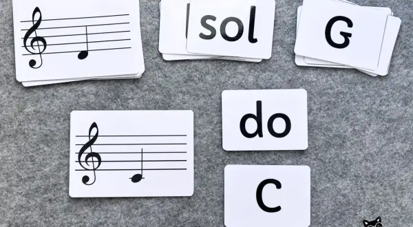 Nuty na pięciolinii dla dzieci: karty z nutami, literami "sol", "do", "G", "C" pomagają w nauce muzyki.