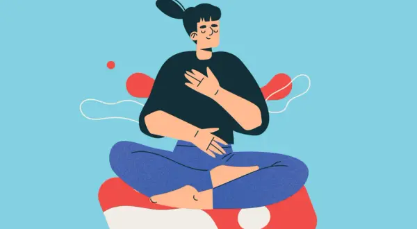 En person sitter i lotusställning med slutna ögon och händerna på bröstet och magen, en illustration som visar hur man kan lugna nervsystemet.