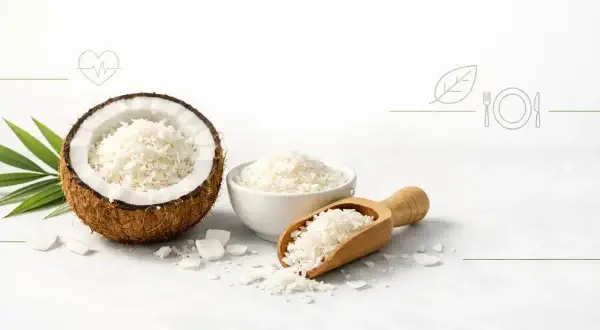 Połówka kokosa z wiórkami, miseczka i łopatka pełna wiórków. Czy wiórki kokosowe są zdrowe? Tak, to naturalny produkt.