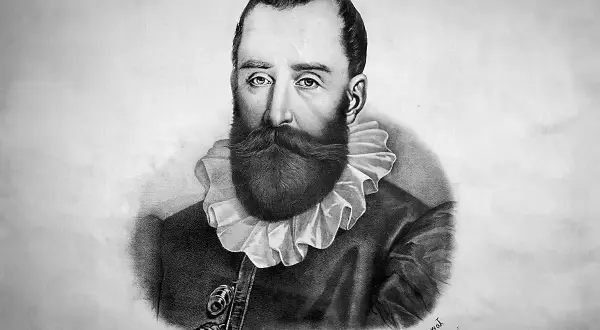 Portret mężczyzny z bujnym wąsem i brodą, w stroju z falbanką przy szyi. Może to nową przypowieść polak sobie kupi.