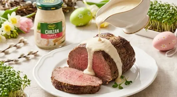 Pyszny pieczony rostbef polany kremowym, ciepłym sosem chrzanowym. Idealny na wielkanocny stół.