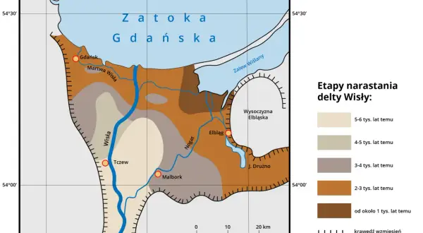 Mapa przedstawia etapy narastania delty Wisły, ukazując historyczne linie brzegowe i rozwój terenu. Atrakcje Żuław Wiślanych widoczne na mapie to m.in. Zatoka Gdańska, Zalew Wiślany oraz miasta takie jak Gdańsk, Tczew, Malbork i Elbląg.