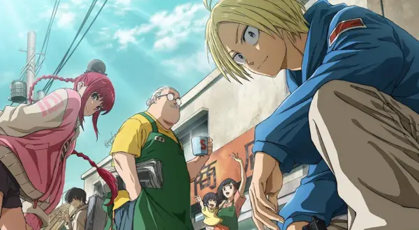 Charaktere aus Sakamoto Days Staffel 2 auf einer Straße, ein Mann mit blonden Haaren blickt neugierig herab.