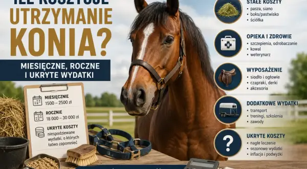 Ile kosztuje utrzymanie konia? Grafika przedstawia konia, koszty miesięczne, roczne i ukryte wydatki, w tym paszę, opiekę weterynaryjną i wyposażenie.