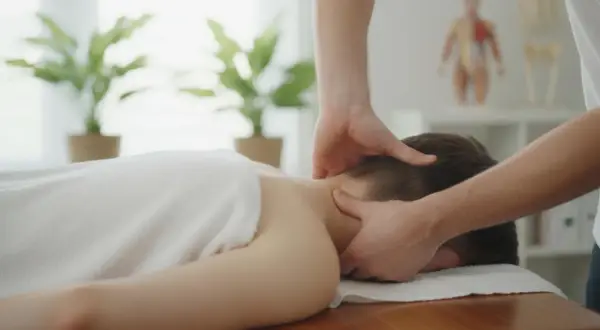 Profesjonalny chiropraktyk delikatnie masuje kark pacjenta, przynosząc ulgę i relaks.