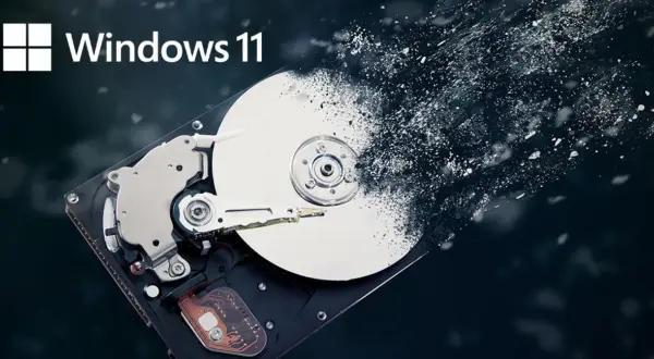 Dysk twardy rozpada się w pył pod logo Windows 11.