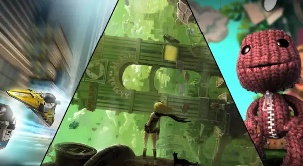 Kolaż z grafik z gier na PS Vita: żółty pojazd kosmiczny, dziewczyna w zielonym mieście i Sackboy.