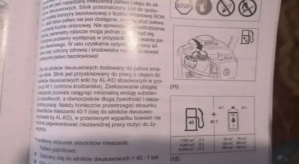 Ilustracja przedstawia schemat mieszania paliwa i oleju do silnika dwusuwowego, z ikonami i tabelą proporcji.