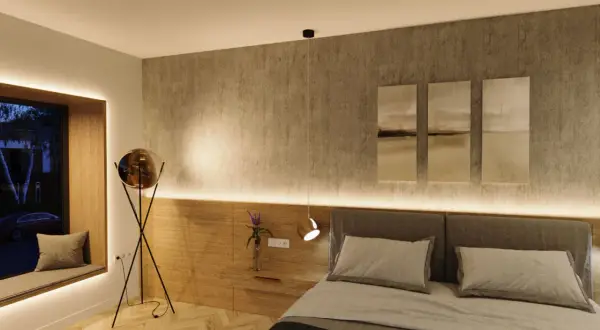 Mysigt sovrum med varm belysning. Golvlampa med stor glob och en taklampa ger belysning sovrum inspiration.
