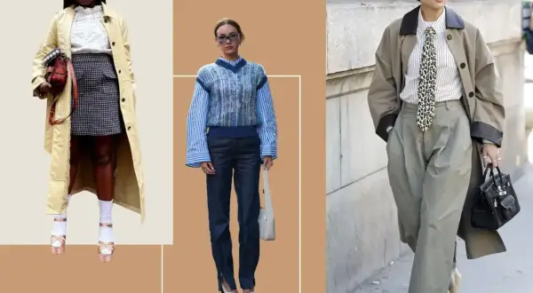 Kobiety prezentują styl preppy damski: trencz, krata, kamizelka, koszula, krawat, szerokie spodnie.