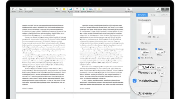 Program do pisania na komputerze z widocznym panelem ustawień dokumentu, gdzie można dostosować marginesy i inne parametry.