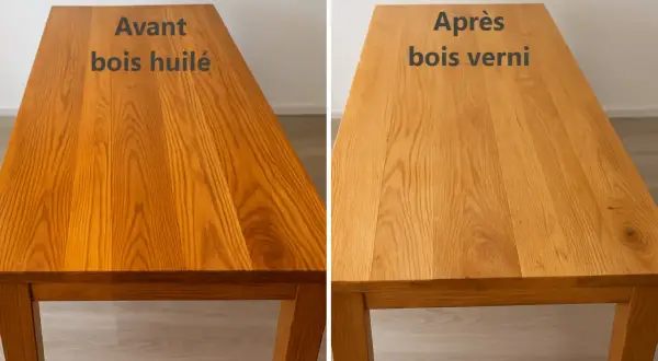 Comparaison d'un fond dur : bois huilé avant, puis bois verni après.