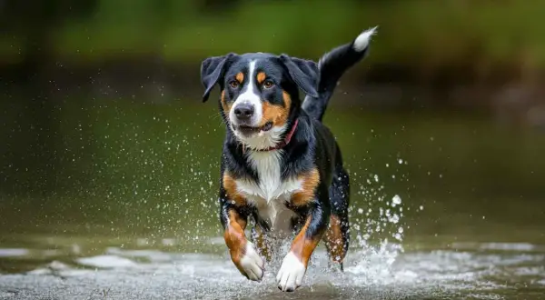 Un boyero de Appenzell corre feliz por el agua, salpicando a su paso.
