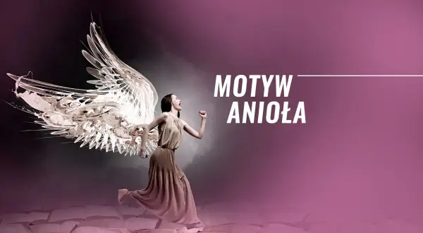 Kobieta z anielskimi skrzydłami biegnie po otwartych księgach, symbolizując motyw anioła w sztuce.